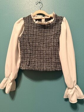 SHEIN Black & White Tweed Mock-Neck Blouse with Ruffle Cuffs